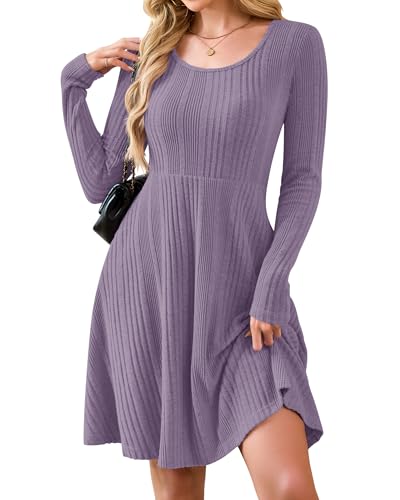 AUSELILY Langarm Strickkleid Damen Rundhalsausschnitt Pullover Kleid Gestrickt Herbstkleid Damen mit Taschen Hellviolett S