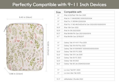 Image of Dadanism 9-11 inch Tablet Sleeve Bag Carrying Case for iPad (A16) 11th Gen 11 inch, iPad 10th Gen 10.9 inch Air 5 /4, iPad Air M4 /Pro 11 inch, iPad 9 /8 /7th, Galaxy Tab A11+ Plus 11 inch, Remarkable 2 10.3 inch,Beige Leaf