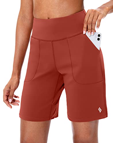 SANTINY Bermuda Shorts for Women with Zipper Pocket Womens High Waisted Long Shorts for Running Workout Athletic(Savannah Red_S)