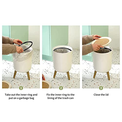 Image of Trash Can with Lid Cute Seamless with Soccer Balls Press Cover Small Garbage Bin Round with Wooden Legs Waste Basket for Bathroom Kitchen Bedroom 7L /1.8 Gallon