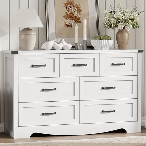 Image of Dresser for Bedroom with 7 Drawers, 58 inch Wide Wood Chest of Drawers with Deep Drawers & Mental Handle, Modern Dresser TV Stand, Wooden Closet Storage Organizer for Living Room, Hallway, Entryway, White