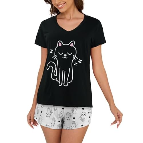 VENTELAN Pajama Set For Women Cute PJS Summer Short Sleeve Shorts Sleepwear X-Small Black Color