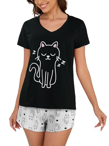 Image of VENTELAN Pajama Set For Women Cute PJS Summer Short Sleeve Shorts Sleepwear