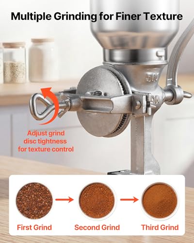 VEVOR Manual Grain Mill with High Hopper, Hand-Crank Corn Grinder, Heavy Duty Cast Iron Wheat Grinding Mill with Stable Table Clamp for Grains Spices Coffee Beans Nuts