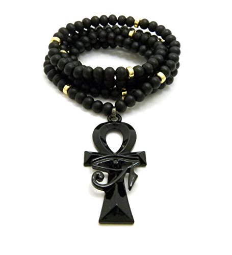 Fashion 21 Egyptian Eye of Horus Ankh Pendant Necklace, 30 inches, 6mm Black Wooden Beads, CCB Beads3