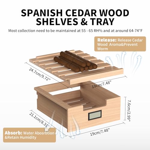 NEEDONE Electric Cigar Humidor 23L with Heating and Cooling Quiet Control System, Thermostatic Cabinet Humidor Box for 150 Counts, Spanish Cedar Wood Shelves & Drawer, Digital Hygrometer, Gift for Men
