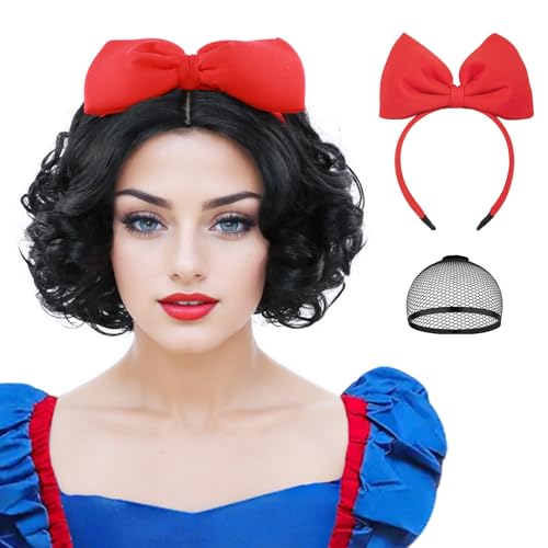 Yargel Hair Short Black Curly Wigs With Red Bow Headband Synthetic Curly Bob Wig For Women Halloween Costume Cosplay Party Use
