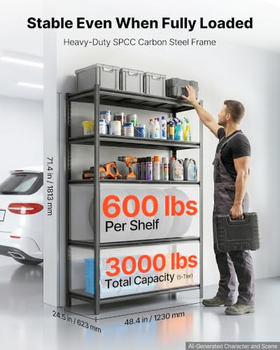 Image of VEVOR Storage Shelves, 5-Tier Adjustable, 3000 lbs Capacity, Heavy Duty Garage Storage Shelving Unit, Metal Utility Rack Shelf, for Garage Workshop Warehouse Basement, 48.43 inch W x 24.53 inch D x 71.38 inch H