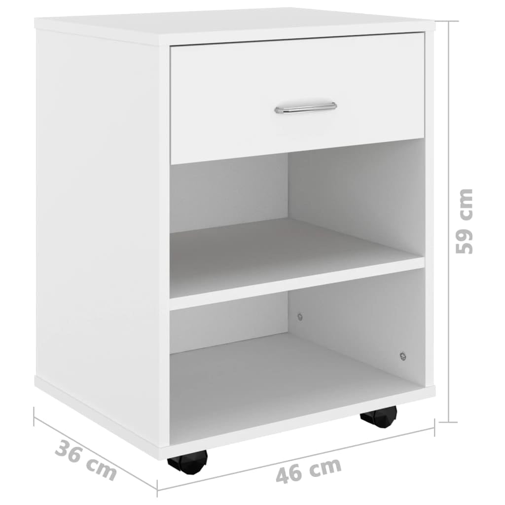 Kontener na kółkach, biały, 46 x 36 x 59 cm, mobilna szafka biurowa z materiału drewnopochodnego z 4 kółkami, na biurko, szafka pod drukarkę jako szafka na dokumenty do biura lub gabinetu