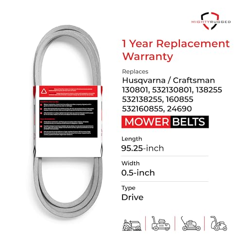 Image of 130801 Craftsman Ground Drive Belt Replacement, Length 95.25 inch, Heavy Duty, Durable, Aramid Cord Belt Replaces 532130801, 138255, 532138255, 160855, 532160855, 24690, 21547026 for Husqvarna /AYP