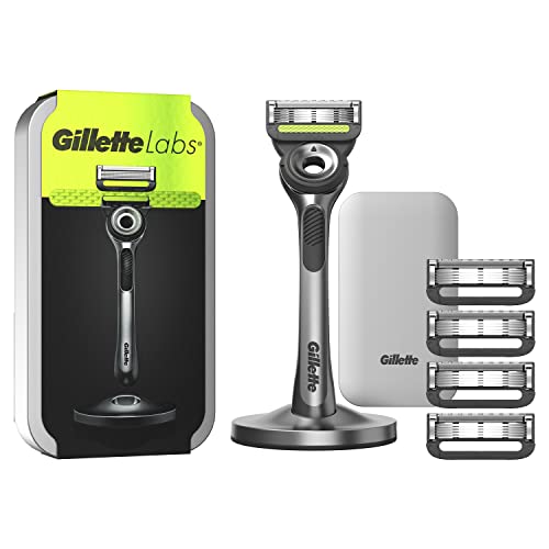 Gillette Labs Nassrasierer Herren, Rasierer mit Reinigungs-Element + Reise-Etui zur Aufbewahrung für unterwegs + 5 Rasierklingen, Premium-Magnetdock