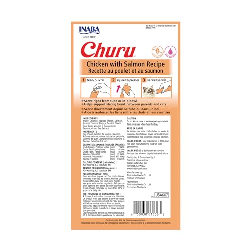 Image of INABA Churu Cat Treats, Grain-Free, Lickable, Squeezable Creamy Puree Cat Treat /Topper with Vitamin E & Taurine, 0.5 Ounces Each Tube, 24 Tubes (4 per Pack), Chicken with Salmon Recipe