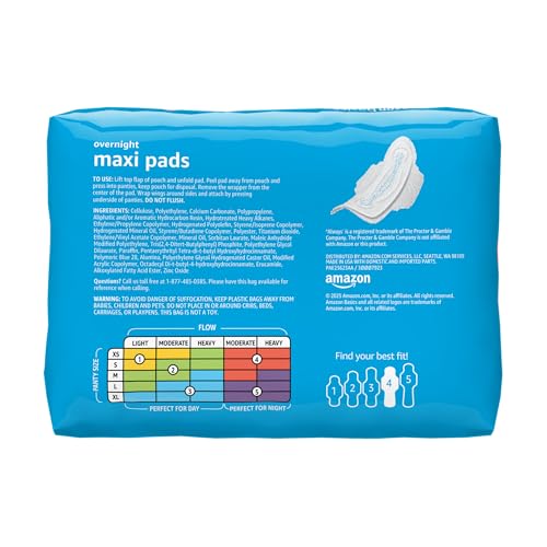 Image of Amazon Basics Thick Maxi Pads with Wings for Periods, Overnight Absorbency, Feminine Pads, Unscented, Size 4, 112 Count (4 Packs of 28)