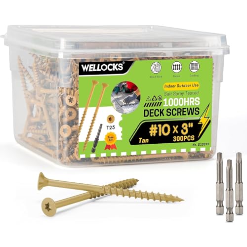 WELLOCKS Deck Screws 3', Wood Screws #10×3', Tan 300 PCS with 3 Bits, Superior Rust Resistant, Epoxy Coated, Above 1000 Hour Salt Spray Coating T25 Torx Star Bit Included for Outdoor Wood Fence