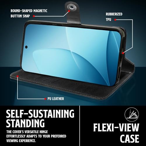 Image of WOW IMAGINE Shock Proof Flip Cover Back Case for Oppo F33 Pro 5G (Magnetic Button Flip Case | Wallet Pockets & Stand | Leather Finish | Haze Black)