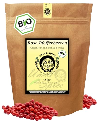 UNCLE SPICE BIO Rosa Pfefferbeeren - 60g ganzer rosa Pfeffer rote Schinusbeeren in Premiumqualität rosa Beeren roter Pfeffer ganz - Mild-würzig leicht süßlich & fruchtig DE-ÖKO-005