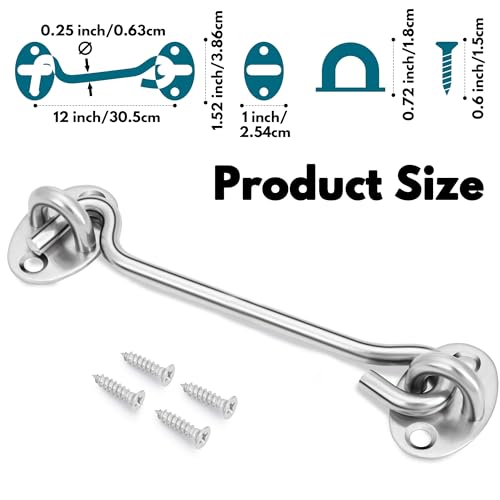 Image of Rainspire (2 Pack) 12 Inch Privacy Hook and Eye Latch for Barn Door, Stainless Steel Gate Latch Barn Door Lock Cabin Hooks for Gate Shutters Window Slide Barn Shed Cabinet Bathroom, Silver