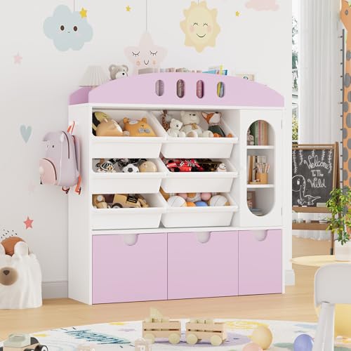 FOTOSOK Toy Organizers and Storage with Door, Playroom Organization, Bookshelf and Bookcase with 3 Drawers and 6 Mobile Bins, Toy Storage Organizer for Living Room