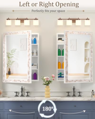 Image of 20x30 Inch White Surface Mount or Recessed Medicine Cabinet with Mirror for Bathroom, Hand-Inlaid Glittering Shell Vanity Mirror with Storage for Bedroom, Entryway, 3 Removable Shelves and Organizer