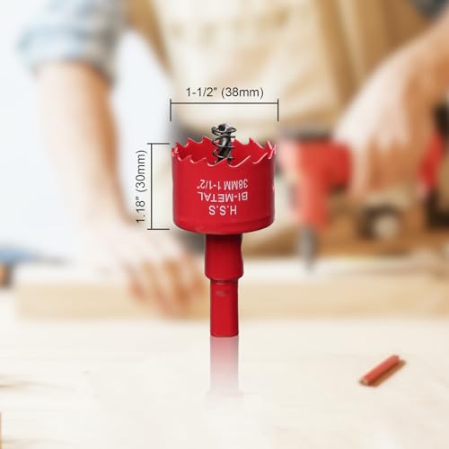 Image of 1-1 /2 Inch Hole Saw for Wood, 38mm HSS BI-Metal Hole Saw for Recessed Lighting, 30mm Cutting Depth Hole Cutter with Hex Shank Drill Bit Adapter for Cornhole Boards Plastic Drywall Fiberboard, Red