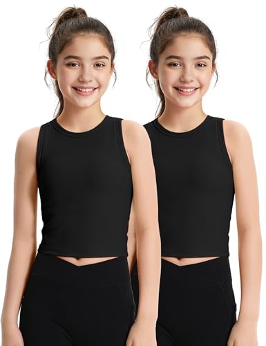 Image of JOCMIC 2 Pack Girls Tank Tops Kids Athletic Tanks Ribbed Knit Cropped Tops