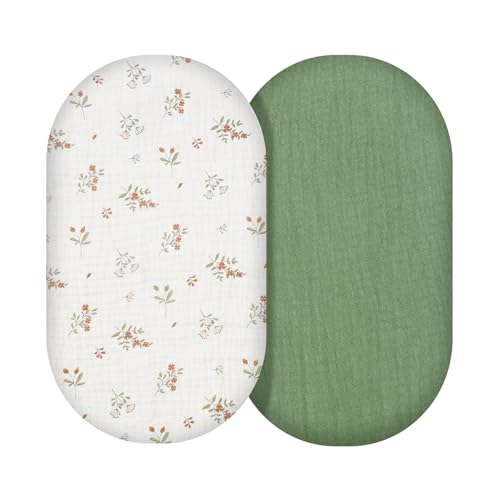 Image of JIUNIMETEIC Muslin Bassinet Sheets, Baby Boy Girl Sheets, Soft Breathable Stretchy Pad/Sheet Set, Universal for Any Mattress, Rectangle, Oval, Hourglass,33''x17''2 Pack (Floral, Green