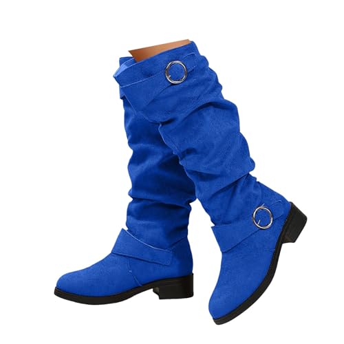 Xbemkste Bottes western pour femme - Bottes élégantes en daim - Bottes longues froncées - Boucle de ceinture - Bottes hautes - Bottes de cowboy hautes - Bottes d'hiver à enfiler, bleu, 40 EU