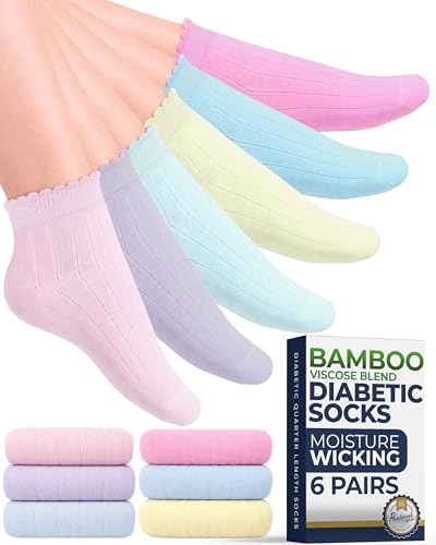 Pembrook Frill Knit Diabetic Socks for Women & Men with Bamboo Viscose - 6 Pairs | Teal Yellow Pink Green Light Pink Purple | Non Binding Loose Top Smooth Toe Seams | Womens Grn/Yllw-6P