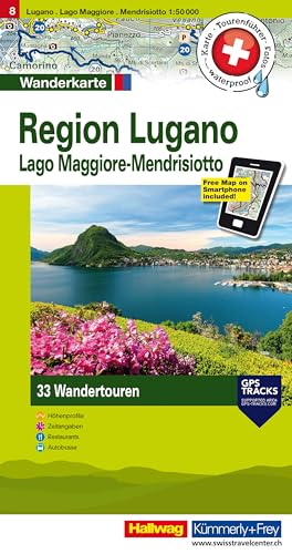 Kümmerly+Frey Wandertourenkarte 8 Region Lugano 1:50.000: Inkl. Lago Maggiore, Mendrisiotto. Mit 33 Tourenvorschlägen, Wetterfest inkl. Höhenprofil & Zeitangabe pro Tour