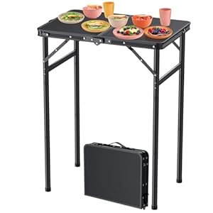 FUNYKICH Campingtisch Klapptisch 58x40cm, Faltbarer Grilltisch mit 3 Höhen Verstellbarer(27/51/75cm), Aluminium Tragbar Falttisch, MDF Platten Multifunktionstisch für Picknick Camping Balkon - Schwarz