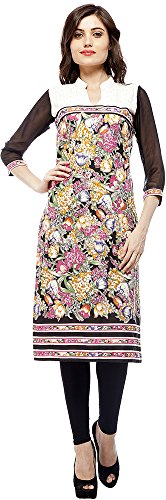 (6002)-Stylestone presents black & pink floral kurti with white lace yoke, it looks elegant and keeps you comfortable. This unique pattern kurti is made of cotton. Club it with contrast coloured pumps and flashy accessory for good look.