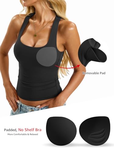 Womens Padded Racerback Tank Tops Double Lined Built in Bra Cami Tops Basic Fitted Shirts Summer Going Out Tops2