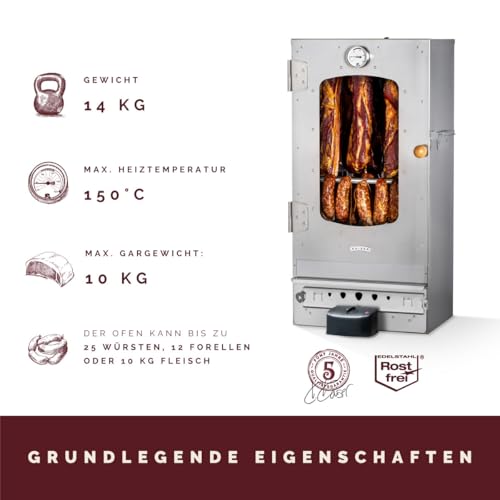 Foto von KAISER COMPANY '50' Hochwertiger Elektrischer Räucherofen/Räucherschrank aus Edelstahl I Tragbarer Smoker 80 cm I Perfekt zum Räuchern I Passen bis zu 10kg Fleisch I 2000W I mit Zubehör I NICHTROSTEND