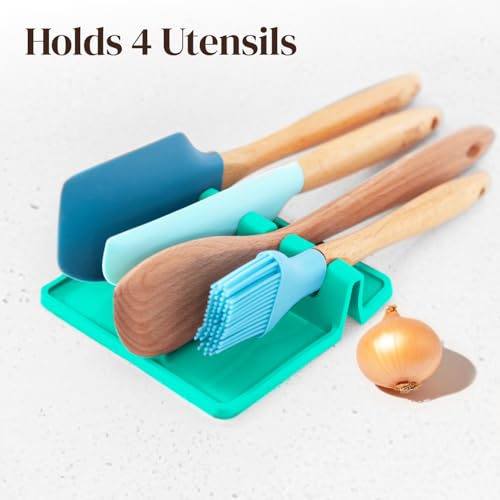 Image of Cooler Kitchen Aqua Green Silicone Spoon Rest for Stove Top with Drip Pad (Two Pack) - Heat-Resistant, BPA-Free Utensil Rest & Spoon Holder for Kitchen Counter - Grill Utensil Holder for Spatulas