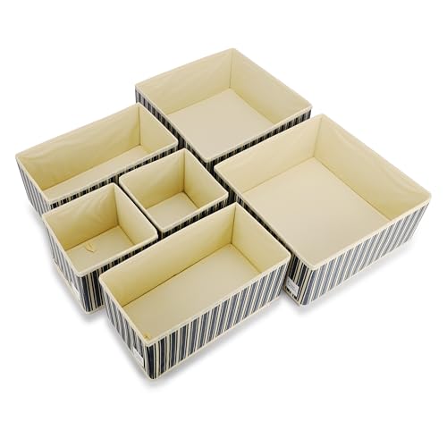 Image of House of Quirk Non-Woven Foldable Clothing Storage Box Closet Dresser Drawer Organizer Cube Basket Bins Containers Divider with Drawers for Underwear,Bras,Ties,Scarves,Set of 6 (Blue /Yellow Stripe)