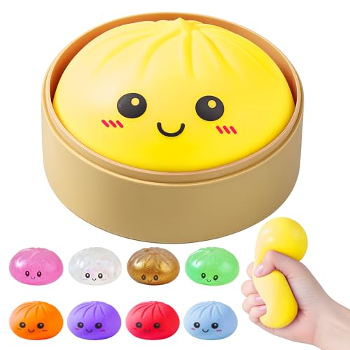 Image of Dumpling Squishies, Glitter Dumpling Mystery Box, Colorful Dumplings Stress Balls Fidget Sensory Toy, Stocking Stuffers with Food Steamer Stretchy Desk Toys (Yellow)