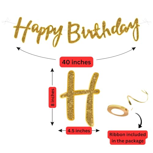 Image of KITTER Happy Birthday Banner Cursive Metallic with Glitters | Reusable - Golden Colour, Happy Birthday Golden Banner with Ribbon (Pack of 1 Banner)