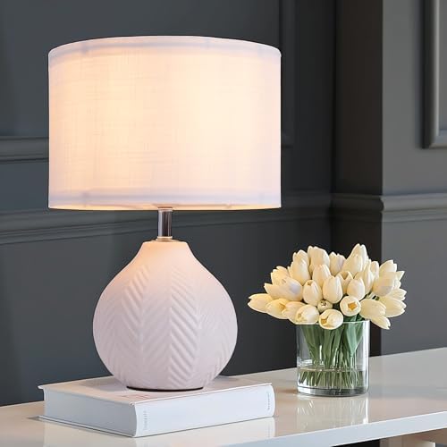SOTTAE 12'' White Ceramic Table Lamp, Leaf Patterned Ceramic Desk...