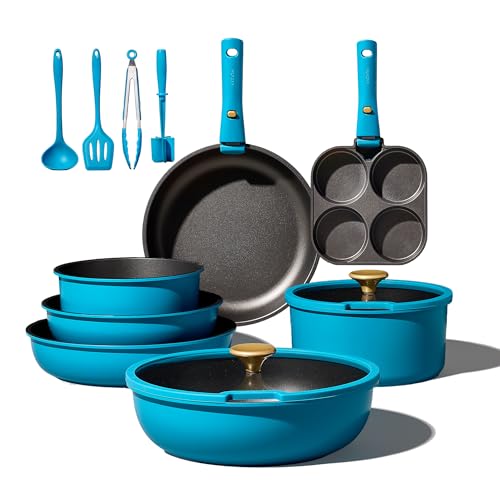 CAROTE 21pcs Pots and Pans Set, Nonstick Cookware Set Detachable Handle, Induction Kitchen Cookware Sets Non Stick with Removable Handle, RV Cookware Set, Peacock Blue