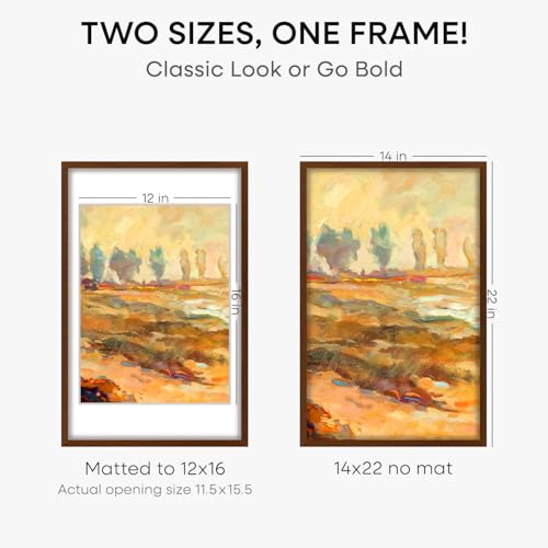 Image of Homeforia 14x22 Picture Frame Brown, High End Dark Oak 14x22 Walnut Wooden Frames with Mat 12x16, 14 x 22 Wood Poster Frame Matted to 12 by 16, 22x14 Hanging Frames, Tempered Glass, Wall Kit, Set of 1