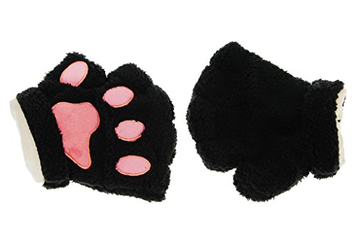 Starsource Lovely Cat Claw Bear Paw Style Winter Plush Half Finger Gloves Mitten For Girls,Black,One Size #TOP5