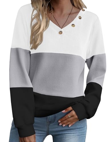 Zeagoo Women V Neck Waffle Knit Winter Tops Colorblock Blouse Button Detail Tunics Long Sleeve Shirts for Women