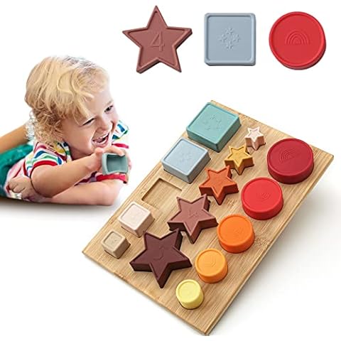 let's make 2 in 1 Wooden board Silicone Shape Sorter Puzzle,Nesting Stacking Cups and Sorting,Three-Dimensional Early Learning Wooden Jigsaw Puzzle Educational Montessori Toys for Baby 6-12 Months Cover