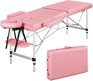Yaheetech Beauty Table Massage Bed Adjustable Massage Table Folding Salon Tattoo Couch Portable Spa Table Professional Salon Bed with Headrest/Armrest/Hand Pallet Pink