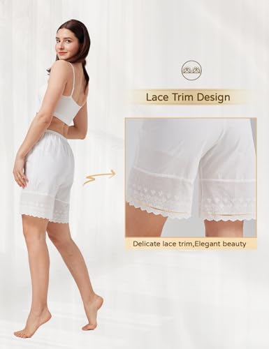 Women Cotton Pettipants for Under Dress Lace Embroidery Victorian Pajama Pants Elastic Waistline Ivory Beige3