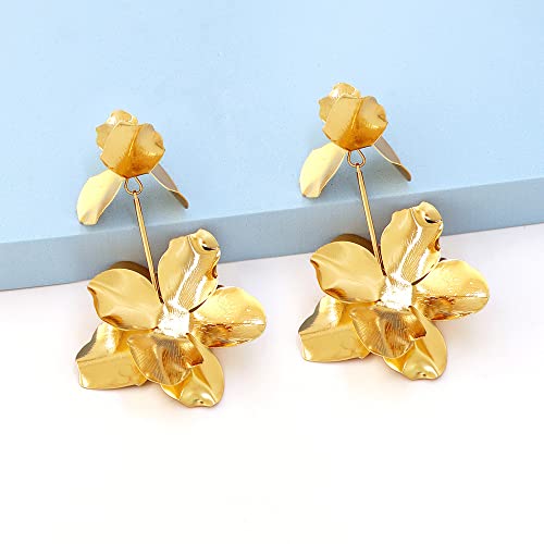 Gold Sculptural Flower Earrings Exaggerated Flower Floral Earrings Large Metal Flower Drop Earrings Hypoallergenic Stylish Flower Statement Earring Jewelry For Women Teen Girls (A) #TOP3