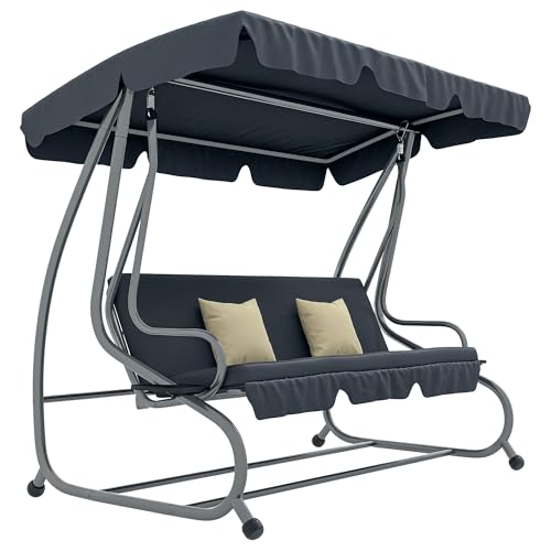 Outsunny Balancelle de Jardin 3 Places Convertible Toit Inclinaison réglable 2 tablettes Support 2L x 1,2l x 1,64H m métal époxy Noir Polyester Gris