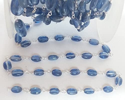 Chaîne de cyanite en perles lisses avec fil de cuivre plaqué argent 925