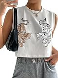Hilinker Womens Graphic Crop Tank Tops Crew Neck Loose Shirt Casual Sleeveless Tee White Two Tiger Large