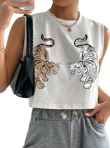 Hilinker Womens Crew Neck Loose Crop Tank Tops Workout Casual Sleeveless T-Shirt